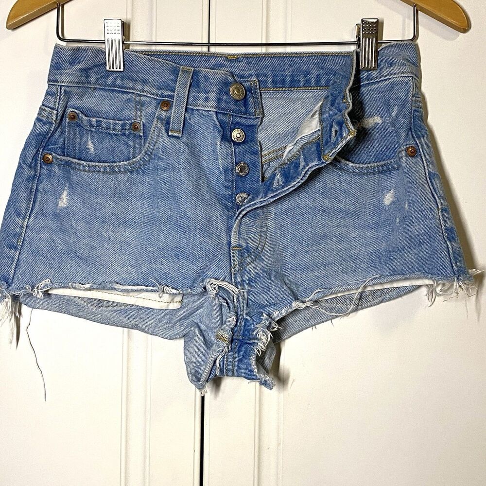 Levi’s Distressed Cut-Off Button-Fly  Jean Shorts Blue Country Festival  SZ 27